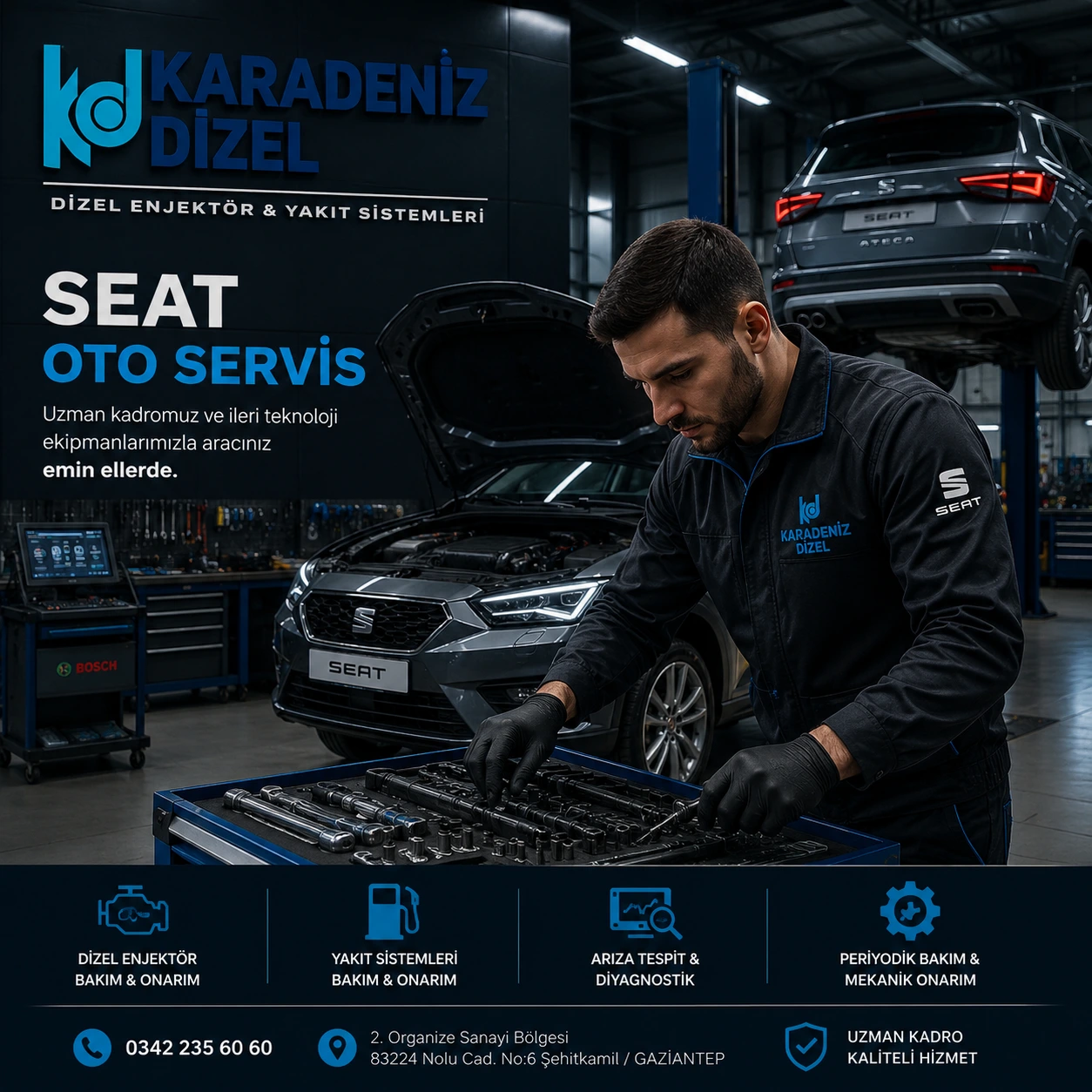 Karadeniz Dizel Oto Servis teknisyeni Seat araca müdahale ederken